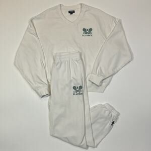Playboy By Pacsun Sweatsuit Womens Medium White Tennis Club Sweatshirt and Pants